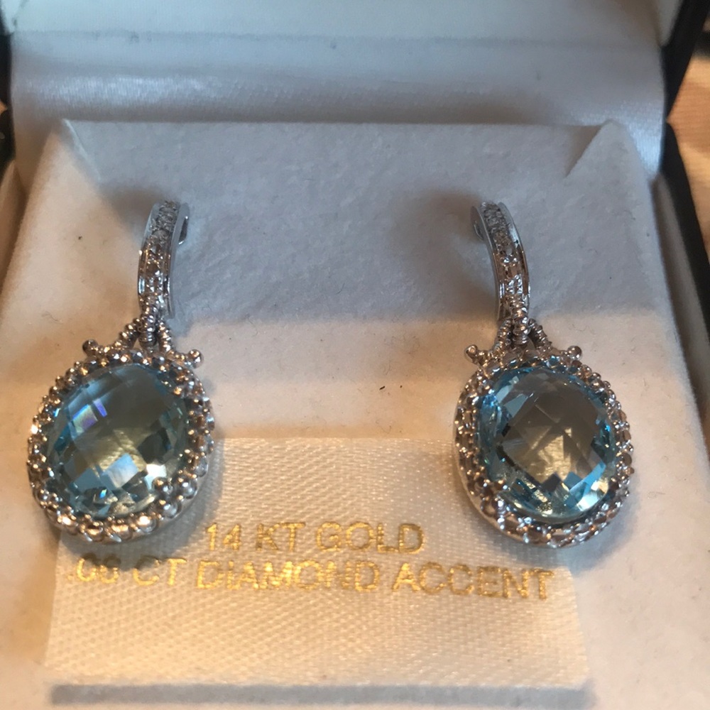 14K WHITE GOLD LARGE AQUAMARINE STONES PIERCED EARRINGS NWT - Picture 14 of 16